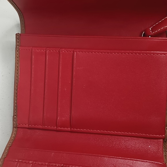 Coach Signature Jacquard & Leather Tri Fold Wallet Tan w/Red Interior - Picture 6 of 13
